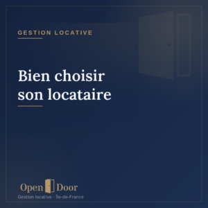 Cover Open Door « Bien choisir son locataire » — fond bleu marine, cadre doré, porte filigrane, catégorie Gestion locative, wordmark Open Door