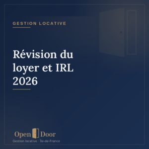 Cover Open Door « Révision du loyer et IRL 2026 » — fond bleu marine, cadre doré, porte filigrane, catégorie Gestion locative, wordmark Open Door