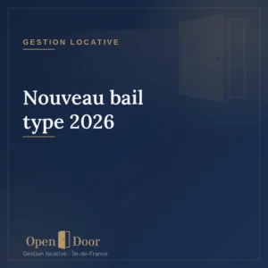Cover Open Door « Nouveau bail type 2026 » — fond bleu marine, cadre doré, porte filigrane, catégorie Gestion locative, wordmark Open Door.